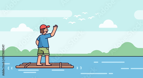 Enthusiastic Voyager Greeted By Birds While Sailing On a Floating Raft Through Nature