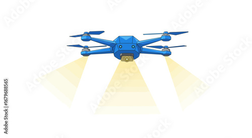Blue drone with camera emitting light beams in cartoon style