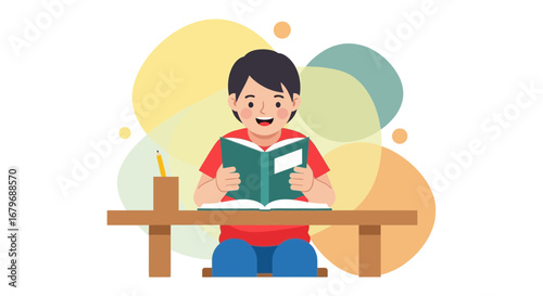 Enthusiastic Young Reader Immersed In Educational Story Book, Study Concept Illustration
