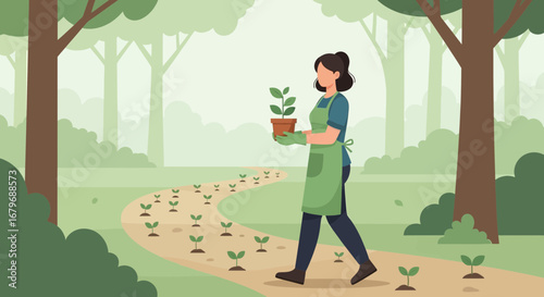 Gardener Planting Young Seedlings Along Serene Trail Through Forest, Environmental Scene