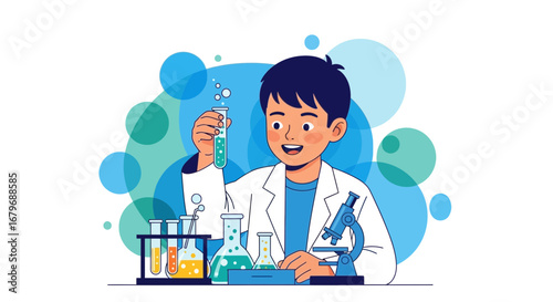 Enthusiastic Young Scientist Analyzing Solutions in Laboratory With Equipment