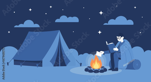 Evening Campfire Storytime Under Dark Skies Near Tent With Book and Blanket Illustration