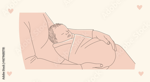 Gentle Embrace: A Newborn Rests Peacefully in a Parent's Loving Arms Depiction