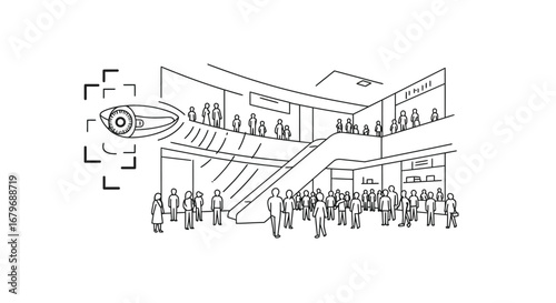Surveillance in shopping mall: crowd and security camera in linear design