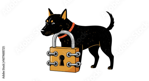 Guard dog with padlock illustration: security and protection concept in flat cartoon style