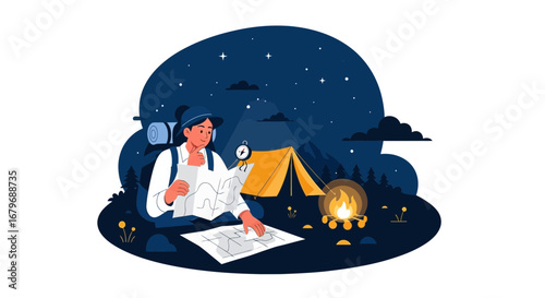 Evening Camping Adventure: Explorer Planning Journey Under Starry Night Sky Illustration