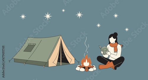 Evening Camping Scene: A Person Reads by a Campfire Under a Starry Sky