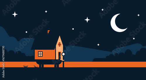 Evening Cottage Under Moonlight: Minimalist Landscape of Calm and Tranquility