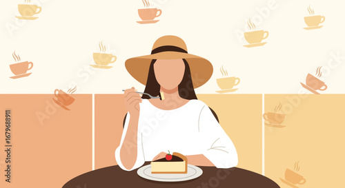 Woman Enjoys Morning Coffee And Cake In Restaurant While Wearing A Hat And Smiling