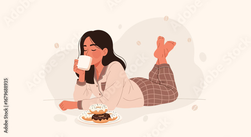 Woman Enjoys Peaceful Morning With Coffee And Delicious Baked Doughnuts Lifestyle Scene