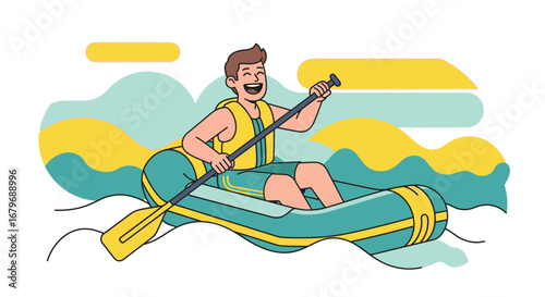 Excited Rafter Enjoying Whitewater Adventure And Paddling On An Inflatable Raft, Fun