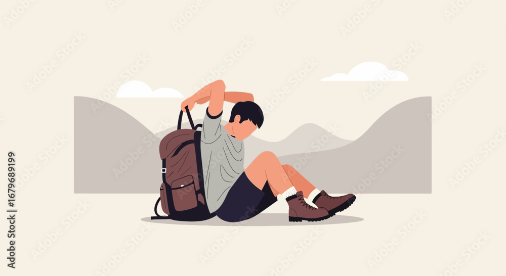 Fototapeta premium Exhausted Backpacker Resting With Mountain View After an Adventurous Day of Hiking