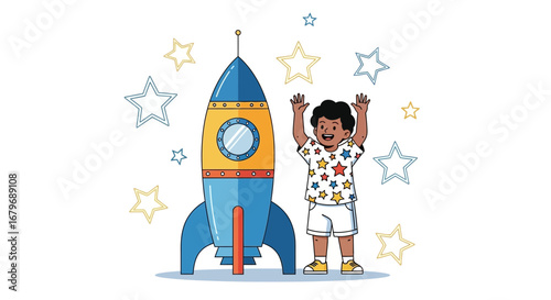 Excited Youngster Ready To Embark On A Cosmic Adventure With Rocket Ship And Stars