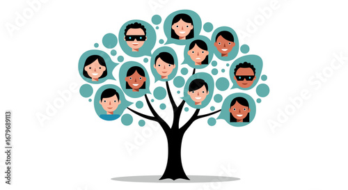 Family tree with diverse faces in flat style on white background