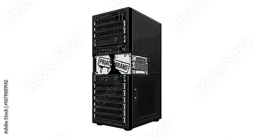 Modern server tower featuring anti-piracy graphic design with black finish