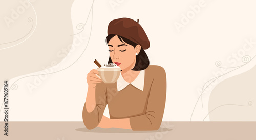 Woman Experiencing Warm Coffee Aroma and Enjoying a Relaxing Afternoon