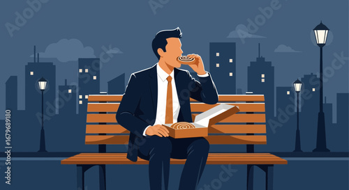 Executive Enjoying Sweet Treat on a Bench in the City, Illustration Art Style