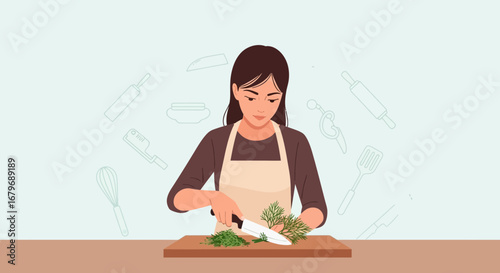 Woman Expertly Preparing Fresh Herbs with Sharp Knife on Wooden Cutting Board