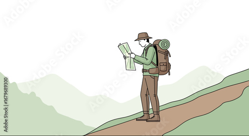 Explorer Carefully Charts Route Using Map While Embarking On A Remote Mountain Hike