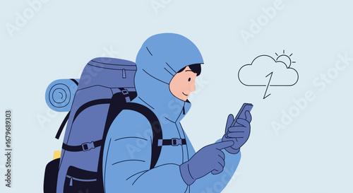 Explorer Checking Weather Forecast Smartphone With Backpack Vector Illustration Design
