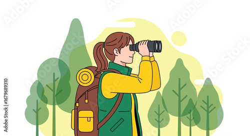 Woman Exploring the Outdoors with Binoculars and Backpack in a Flat Illustration Style