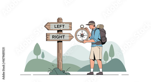 Explorer Contemplating Compass Directions Amidst Wooden Signpost and Scenic Vista