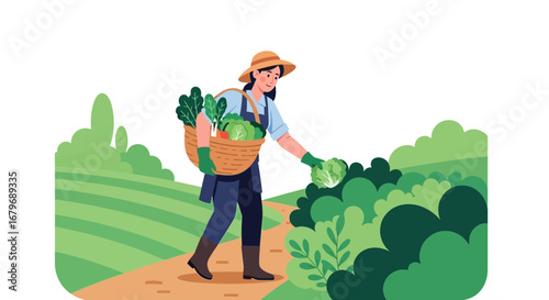 Woman Farmer Gathering Fresh Vegetables During A Sunny Day Promoting Healthy Living And Agriculture