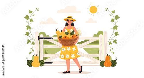 Woman Farmer Harvesting Fresh Vegetables, Celebrating Harvest Season, Delivering Bounty