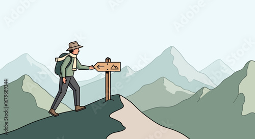 Explorer Deciding Direction on Mountain Trail, Facing Adventure's Possibilities, Outdoor Journey