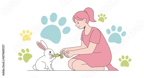 Woman Feeding Adorable Bunny with Carrot, Pet Care and Affection Illustrated