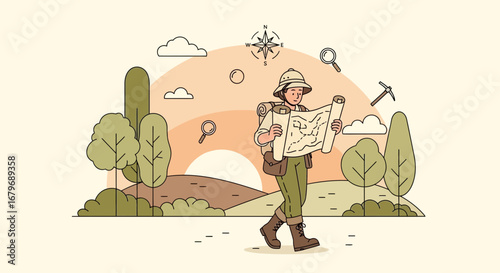 Explorer Discovering New Pathways Using A Map Outdoors Surrounded With Nature Elements