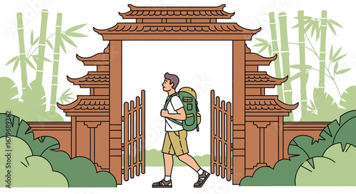 Explorer Entering Asian Architecture Gateway Ready To Discover Exotic Destinations