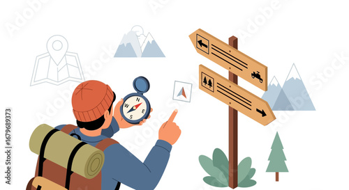 Explorer Finding Direction In The Mountains Using A Compass And Road Signs For Navigation