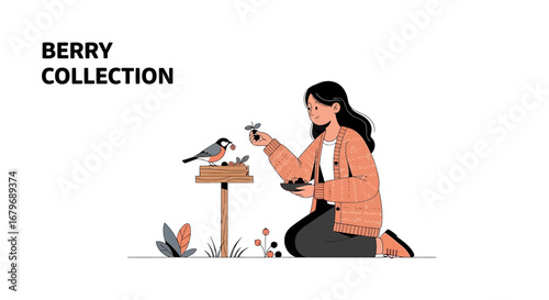 Woman Feeding Bird with Berries in Garden, Simple Vector Illustration in Modern Style