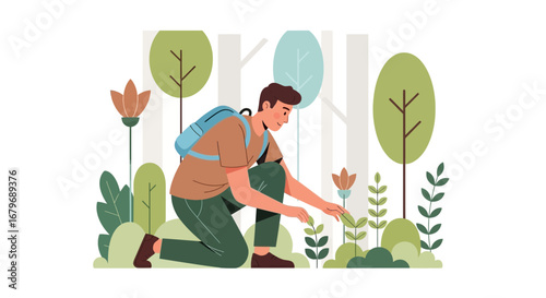Explorer Examining Plant Life In Forest Environment, Discovering Nature’s Beauty