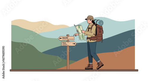 Explorer Finding Direction On The Trail While Hiking In The Mountain Landscape For Adventure