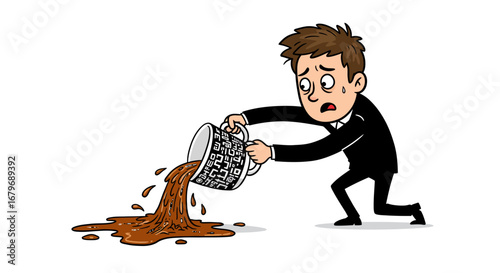Cartoon man spilling coffee from mug in comical scene