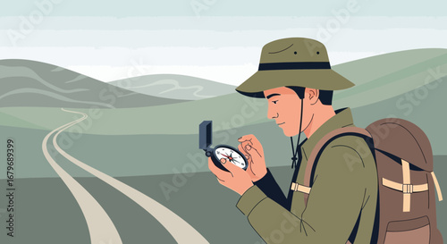 Explorer Following Compass For A New Adventure On A Winding Path with Mountains