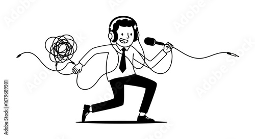 Monochrome cartoon podcaster taming tangled headphone cable for a broadcast