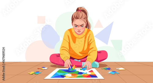 Woman Frustrated While Solving a Puzzle in a Room with Colorful Abstract Background