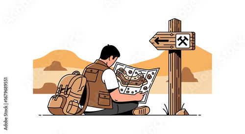 Explorer Navigating Desert Landscape Near Trail Marker With Travel Backpack
