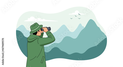 Explorer Observing Scenic View With Binoculars Focusing On Mountains And Sky In Nature