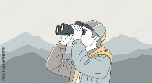 Explorer Observing Scenery with Binoculars in Mountainous Landscape Outdoors Adventure
