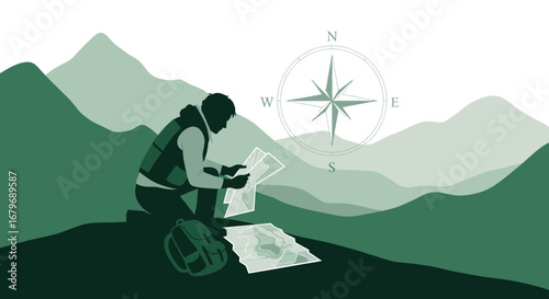 Explorer On A Peak, Maps, Compass, And Beautiful Mountain Landscape Composition