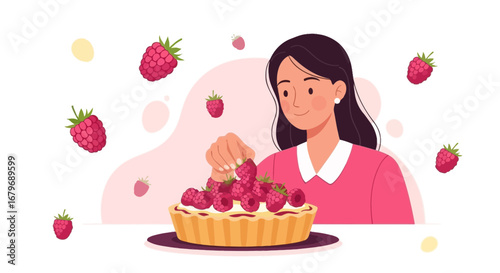 Woman Garnishing Baked Tart with Freshly Picked Berries: A Culinary Delight Showcase
