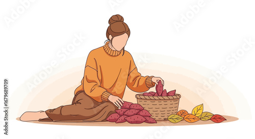 Woman Gathering Sweet Potatoes Illustrative Art With Basket and Autumnal Leaves