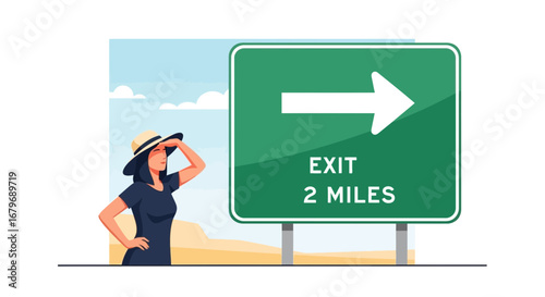 Woman Gazing At A Highway Exit Sign For Direction And Travel Guidance