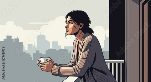 Woman Gazing At Cityscape While Holding a Mug Depicting Stillness And Reflection