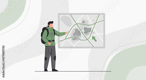 Explorer With Backpack Points At Map Detailing Route for Adventure Illustration