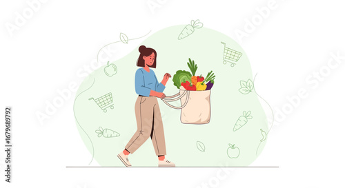 Woman Goes Shopping For Groceries With A Bag Full Of Fresh Vegetables And Fruits